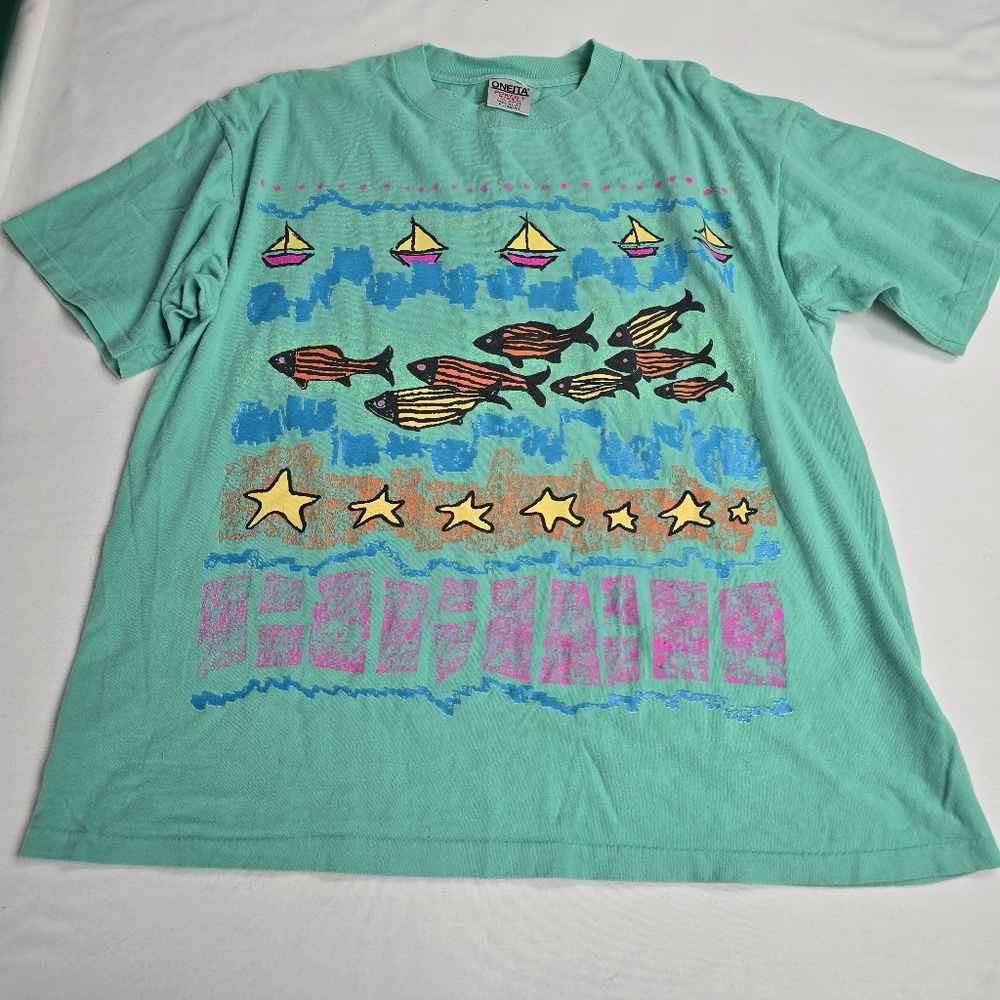 Vintage Oneita Tropical Fish Ocean Sailboat Tshirt Made In The USA XL